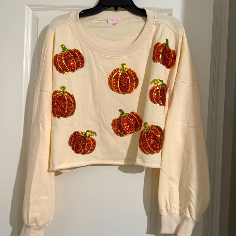 Pink Lily Cream Top with Sequin Pumpkins